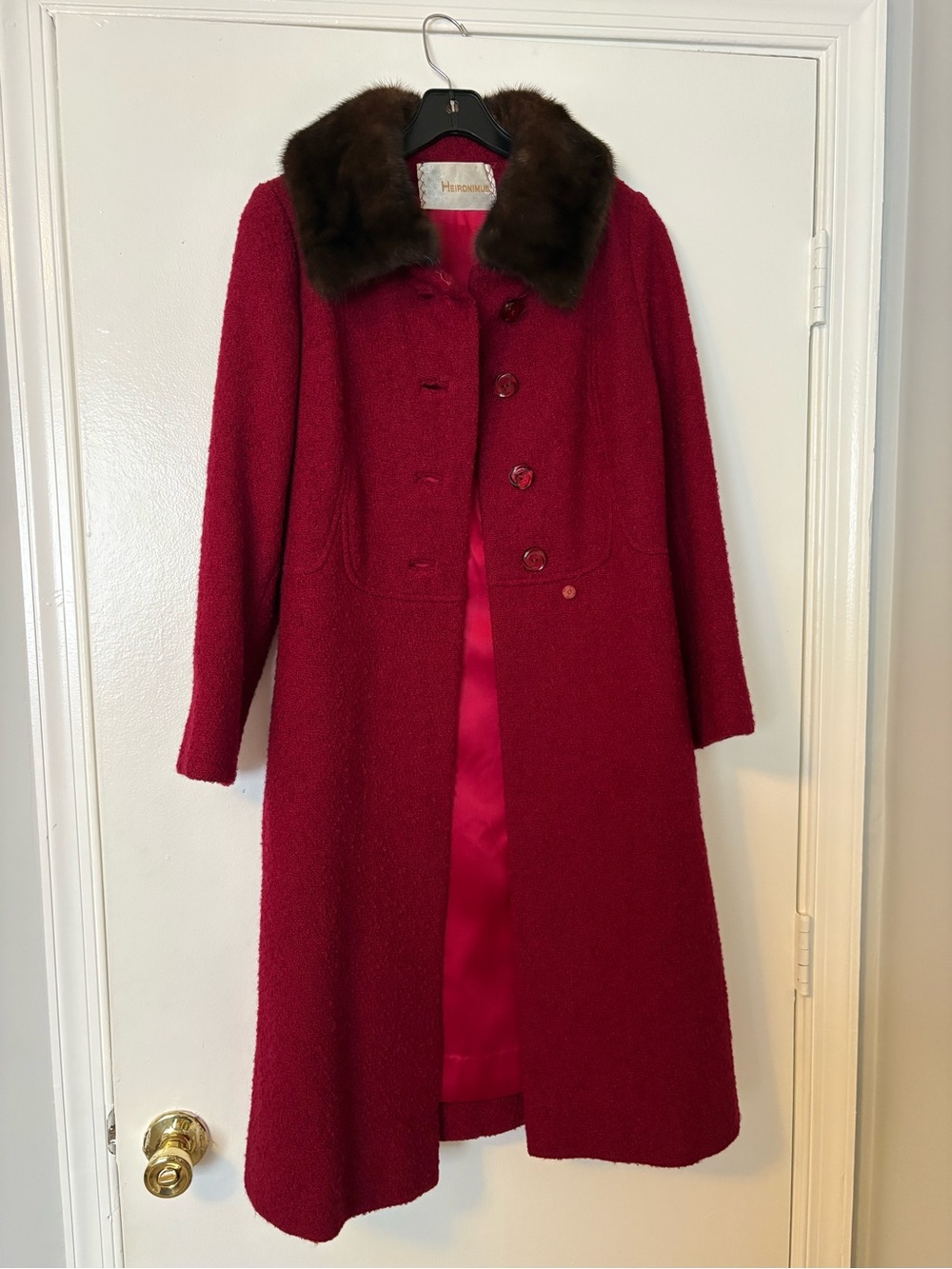 Vintage Red Wool Pea Coat with Brown Fur Collar